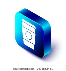 Isometric Coffee cup to go icon isolated on white background. Blue square button. Vector Illustration