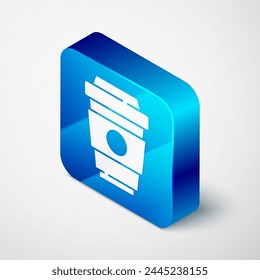 Isometric Coffee cup to go icon isolated on grey background. Blue square button. Vector