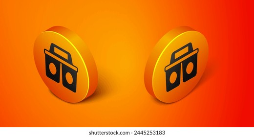 Isometric Coffee cup to go icon isolated on orange background. Orange circle button. Vector