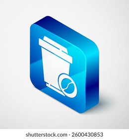 Isometric Coffee cup to go icon isolated on grey background. Blue square button. Vector