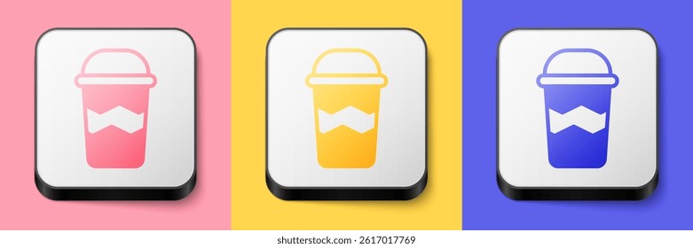 Isometric Coffee cup to go icon isolated on pink, yellow and blue background. Square button. Vector
