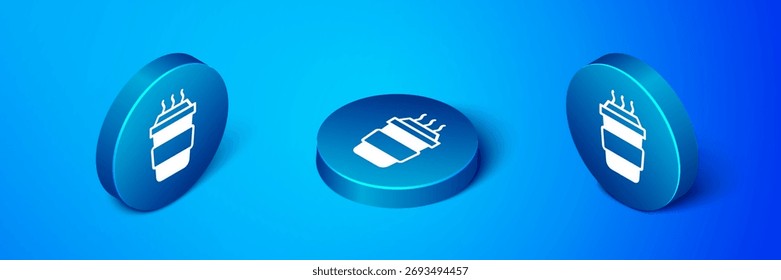 Isometric Coffee cup to go icon isolated on blue background. Blue circle button. Vector