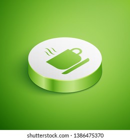 Isometric Coffee cup icon isolated on green background. Tea cup. Hot drink coffee. White circle button. Vector Illustration