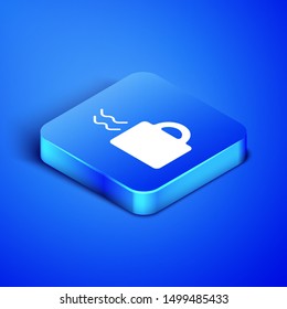 Isometric Coffee cup icon isolated on blue background. Tea cup. Hot drink coffee. Blue square button. Vector Illustration