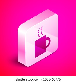 Isometric Coffee cup icon isolated on pink background. Tea cup. Hot drink coffee. Silver square button. Vector Illustration Isometric Coffee cup icon isolated on pink background. Tea cup. Hot drink coffee. Silver square button. Vector Illustration