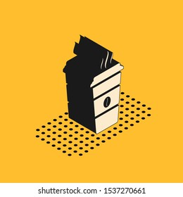 Isometric Coffee cup icon isolated on yellow background. Disposable coffee cup with hot coffee.  Vector Illustration
