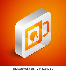 Isometric Coffee cup icon isolated on orange background. Take away print. Silver square button. Vector