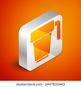 Isometric Coffee cup icon isolated on orange background. Tea cup. Hot drink coffee. Silver square button. Vector