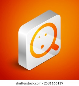 Isometric Coffee cup icon isolated on orange background. Tea cup. Hot drink coffee. Silver square button. Vector