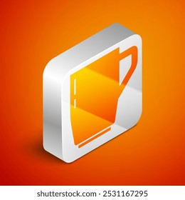 Isometric Coffee cup icon isolated on orange background. Tea cup. Hot drink coffee. Silver square button. Vector