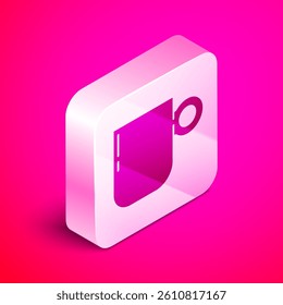 Isometric Coffee cup icon isolated on pink background. Tea cup. Hot drink coffee. Silver square button. Vector