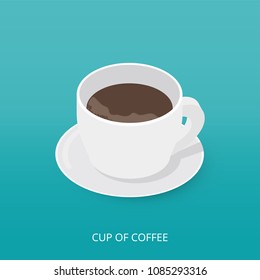 Isometric coffee cup icon. View of a cup of coffee with saucer. Vector illustration