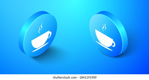 Isometric Coffee cup iconos aislados en fondo azul. Té. Café caliente. Botón de círculo azul. Vector.