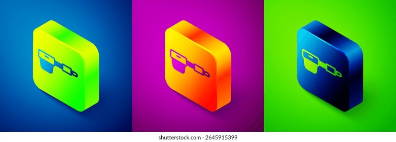 Isometric Coffee filter holder icon isolated on blue, purple and green background. Square button. Vector