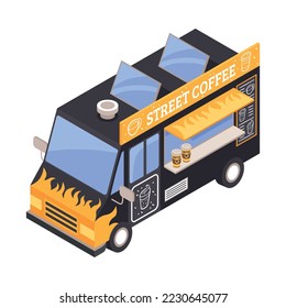 Isometric coffee house barista composition with isolated coffeeshop image on blank background vector illustration