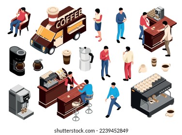 Isometric coffee icon set coffee truck customers barista coffee machine and cups vector illustration