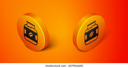 Isometric Coffee jar bottle icon isolated on orange background. Orange circle button. Vector