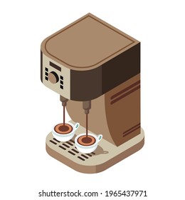 Isometric coffee machine brews delicious coffee, isolated object on white background.