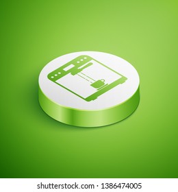 Isometric Coffee machine and coffee cup icon isolated on green background. White circle button. Vector Illustration