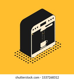 Isometric Coffee machine and coffee cup icon isolated on yellow background.  Vector Illustration