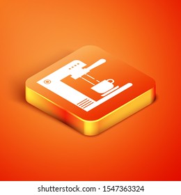 Isometric Coffee machine and coffee cup icon isolated on orange background.  Vector Illustration