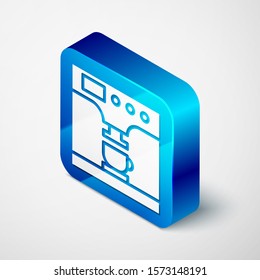 Isometric Coffee machine and coffee cup icon isolated on white background. Blue square button. Vector Illustration