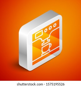 Isometric Coffee machine and coffee cup icon isolated on orange background. Silver square button. Vector Illustration