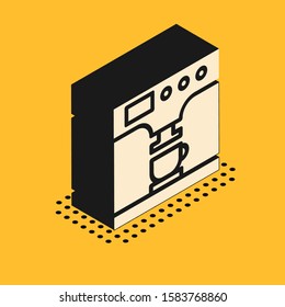 Isometric Coffee machine and coffee cup icon isolated on yellow background.  Vector Illustration