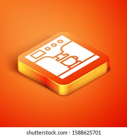 Isometric Coffee machine and coffee cup icon isolated on orange background.  Vector Illustration