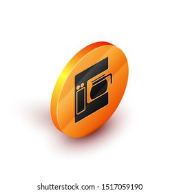 Isometric Coffee machine with glass pot icon isolated on white background. Orange circle button. Vector Illustration