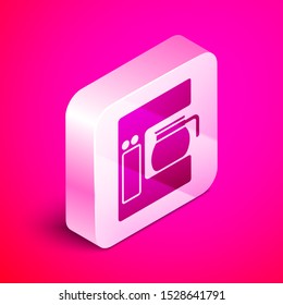 Isometric Coffee machine with glass pot icon isolated on pink background. Silver square button. Vector Illustration