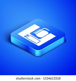 Isometric Coffee machine with glass pot icon isolated on blue background. Blue square button. Vector Illustration
