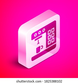 Isometric Coffee machine icon isolated on pink background. Silver square button. Vector Illustration