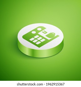 Isometric Coffee machine icon isolated on green background. White circle button. Vector