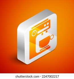 Isometric Coffee machine icon isolated on orange background. Silver square button. Vector
