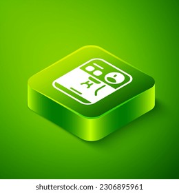 Isometric Coffee machine icon isolated on green background. Green square button. Vector