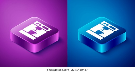 Isometric Coffee machine icon isolated on blue and purple background. Square button. Vector Illustration
