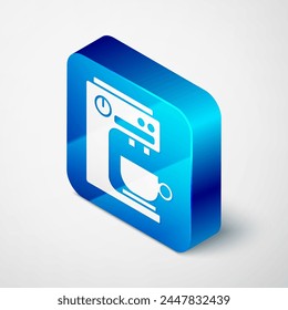 Isometric Coffee machine icon isolated on grey background. Blue square button. Vector