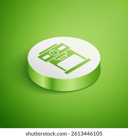 Isometric Coffee machine icon isolated on green background. White circle button. Vector