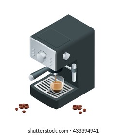 La máquina isométrica de café hace un café con grano de café en fondo de escritura.