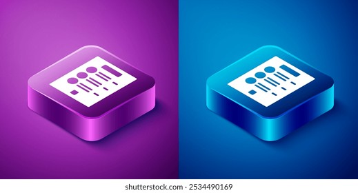Isometric Coffee menu icon isolated on blue and purple background. Design a menu for the cafe, a restaurant, coffee shop. Square button. Vector Illustration