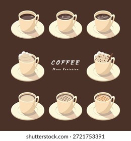 Variação de Menu Isométrica Café Conjunto com Diferentes Bebidas Quentes e Toppings