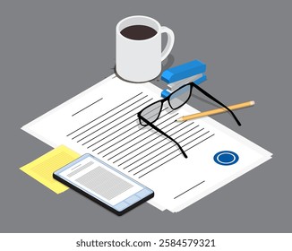 Isometric coffee mug, work documents, smartphone and office supplies on empty workspace of tired office worker. Burnout at work. Realistic 3D vector concept isolated on white background