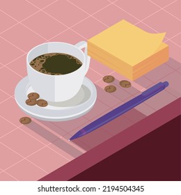 isometric coffee poster with pen and notes