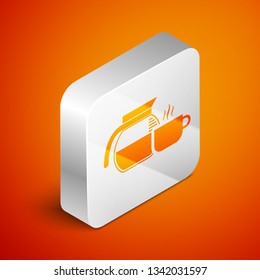 Isometric Coffee pot with cup icon isolated on orange background. Silver square button. Vector Illustration