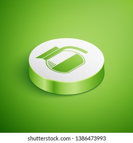 Isometric Coffee pot icon isolated on green background. White circle button. Vector Illustration