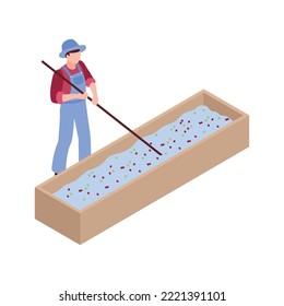 Isometric coffee production icon with washing or wet processing of beans and male worker 3d vector illustration