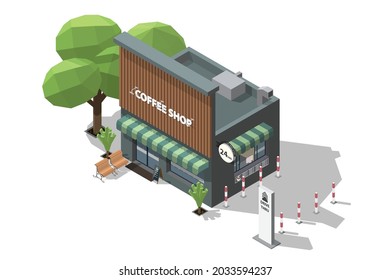 Isometric coffee shop and bench to sit and wait at the entrance 3D model of a coffee shop and Drive Thru take away pick up point vector illustration isolated on white background