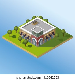 Isometric coffee shop building icon. Modern coffee house.