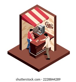 Isometric coffee shop concept small part of the kiosk with two walls and coffee buyer standing behind the counter vector illustration